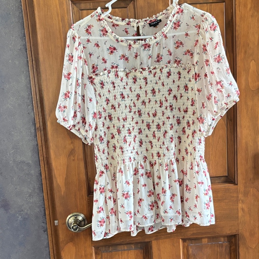 torrid White Blouse with Pink Floral Smocking